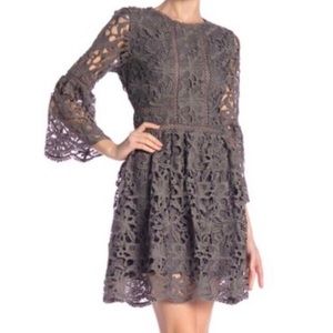 JOA Grey Trumpet Sleeve Lace Cutout Dress